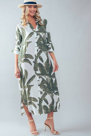 Tropical Palm Leaf Button-Down Midi Dress - Resort and Spring Collection - Fitkitty Culture Athleisure Wear, Yoga Wear &  Women's Clothing