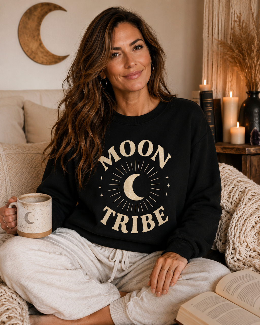 Moon Tribe Crewneck Sweatshirt — Celestial Moon Graphic Pullover - Jew
