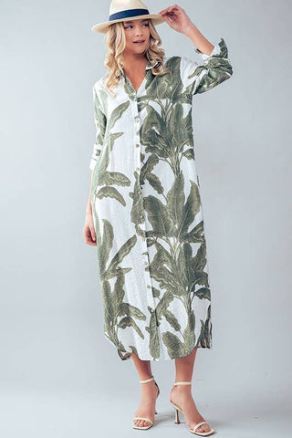 Tropical Palm Leaf Button-Down Midi Dress - Resort and Spring Collection - Fitkitty Culture Athleisure Wear, Yoga Wear &  Women's Clothing