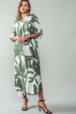 Tropical Palm Leaf Button-Down Midi Dress - Resort and Spring Collection - Fitkitty Culture Athleisure Wear, Yoga Wear &  Women's Clothing