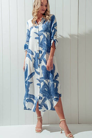 Tropical Palm Leaf Button-Down Midi Dress - Resort and Spring Collection - Fitkitty Culture Athleisure Wear, Yoga Wear &  Women's Clothing