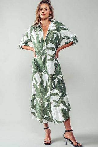Tropical Palm Leaf Button-Down Midi Dress - Resort and Spring Collection - Fitkitty Culture Athleisure Wear, Yoga Wear &  Women's Clothing