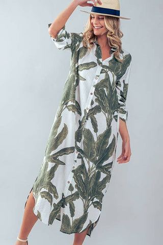 Tropical Palm Leaf Button-Down Midi Dress - Resort and Spring Collection - Fitkitty Culture Athleisure Wear, Yoga Wear &  Women's Clothing