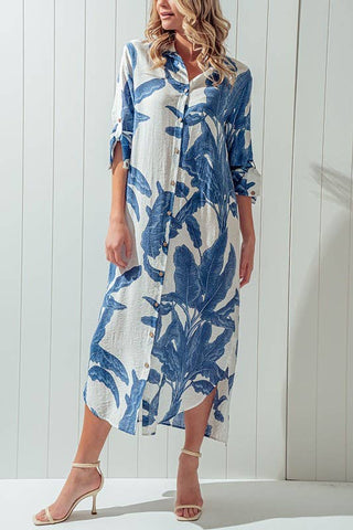 Tropical Palm Leaf Button-Down Midi Dress - Resort and Spring Collection - Fitkitty Culture Athleisure Wear, Yoga Wear &  Women's Clothing