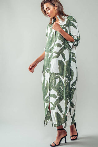 Tropical Palm Leaf Button-Down Midi Dress - Resort and Spring Collection - Fitkitty Culture Athleisure Wear, Yoga Wear &  Women's Clothing