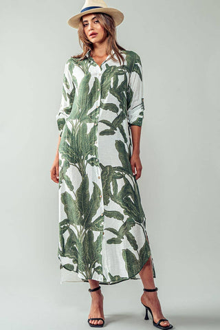 Tropical Palm Leaf Button-Down Midi Dress - Resort and Spring Collection - Fitkitty Culture Athleisure Wear, Yoga Wear &  Women's Clothing