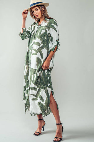 Tropical Palm Leaf Button-Down Midi Dress - Resort and Spring Collection - Fitkitty Culture Athleisure Wear, Yoga Wear &  Women's Clothing