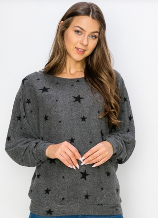 Star Print Brushed Fabric  Top -Dark Gray, Hoodie, Fitkitty Culture, Fitkitty Culture Athleisure Wear, Yoga Wear & Leggings