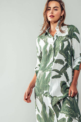 Tropical Palm Leaf Button-Down Midi Dress - Resort and Spring Collection - Fitkitty Culture Athleisure Wear, Yoga Wear &  Women's Clothing