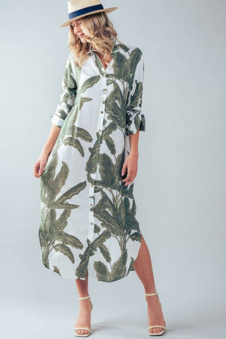 Tropical Palm Leaf Button-Down Midi Dress - Resort and Spring Collection - Fitkitty Culture Athleisure Wear, Yoga Wear &  Women's Clothing