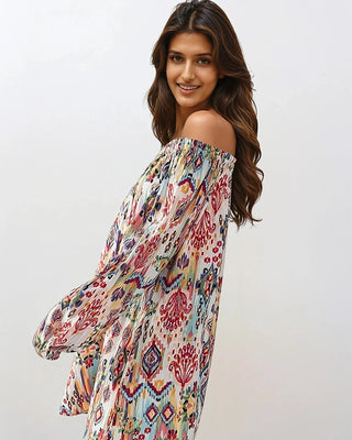 Boho Ikat Print Off Shoulder Balloon Sleeve Mini Dress - Fitkitty Culture Athleisure Wear, Yoga Wear &  Women's Clothing