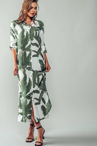 Tropical Palm Leaf Button-Down Midi Dress - Resort and Spring Collection - Fitkitty Culture Athleisure Wear, Yoga Wear &  Women's Clothing