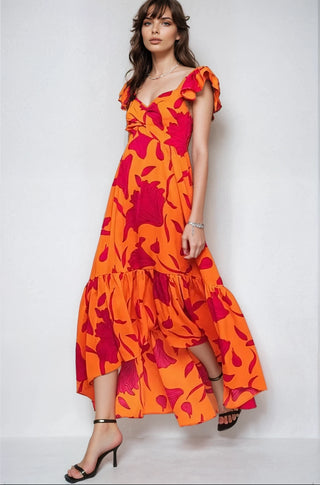 Vibrant Fire Floral High Low Maxi Dress - Fitkitty Culture Athleisure Wear, Yoga Wear &  Women's Clothing