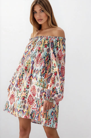 Boho Ikat Print Off Shoulder Balloon Sleeve Mini Dress - Fitkitty Culture Athleisure Wear, Yoga Wear &  Women's Clothing