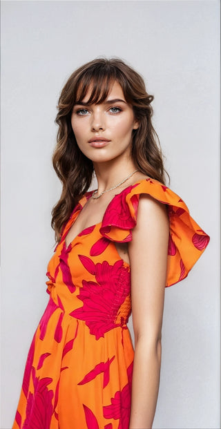 Vibrant Fire Floral High Low Maxi Dress - Fitkitty Culture Athleisure Wear, Yoga Wear &  Women's Clothing