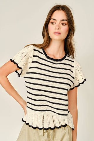 MAS3129 STRIPED CROCHET S/S SWEATER - Fitkitty Culture Athleisure Wear, Yoga Wear &  Women's Clothing