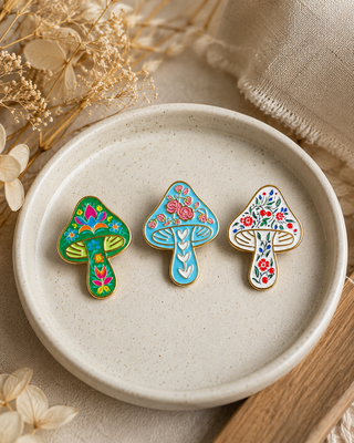 Woodland Bloom Folk Mushroom Enamel Pins