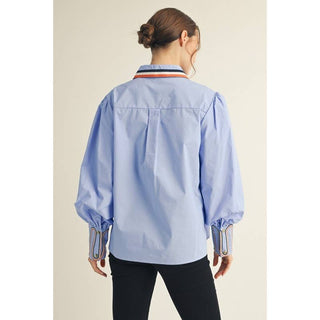 Embroidered Accent Puff Sleeve Button-Down Shirt
