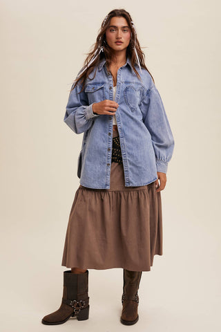 Heart Detail Oversized Denim Shirt