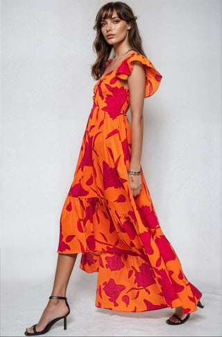 Vibrant Fire Floral High Low Maxi Dress