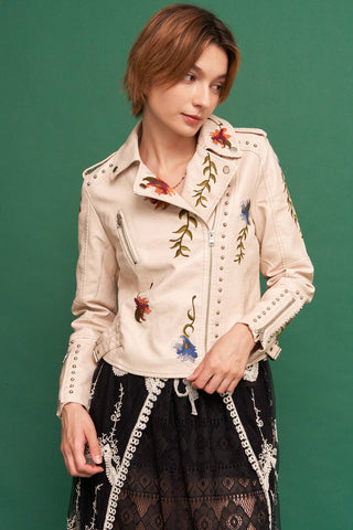 Wildflower Studded Faux Leather Moto Jacket in beige, front view
