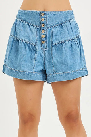 Medium wash slouchy denim shorts with shirred detail