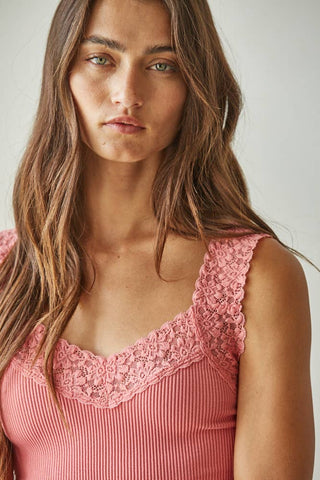 Ribbed Seamless Tank with Lace Trim