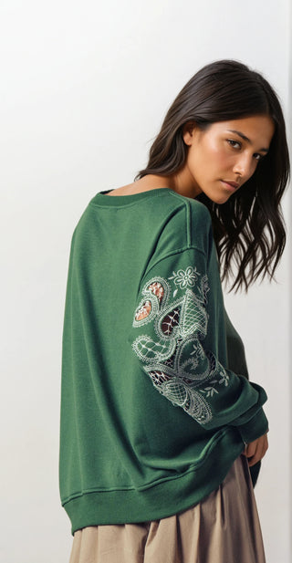 Romantic Lace Embroidered Sleeve Sweatshirt - Fitkitty Culture Athleisure Wear, Yoga Wear &  Women's Clothing