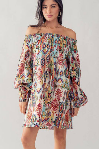 Boho Ikat Print Off Shoulder Balloon Sleeve Mini Dress - Fitkitty Culture Athleisure Wear, Yoga Wear &  Women's Clothing