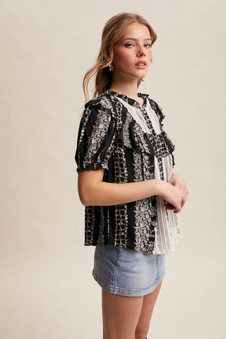 Mixed-Print Ruffle Yoke Blouse, view 6 | Fitkitty Culture®