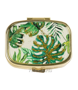 Tropical Leaves Gold-Accent Pill Box
