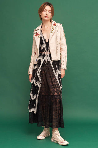 Floral Embroidered Studded Faux Leather Moto Jacket, view 7 | Fitkitty Culture®