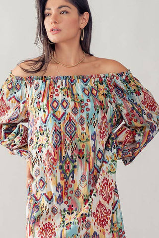 Boho Ikat Print Off Shoulder Balloon Sleeve Mini Dress - Fitkitty Culture Athleisure Wear, Yoga Wear &  Women's Clothing