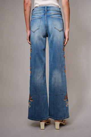 Flower Embroidery High Waist Flare Jeans, view 3 | Fitkitty Culture®