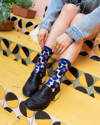 Sock Candy Bold Blue Floral Sheer Crew Sock