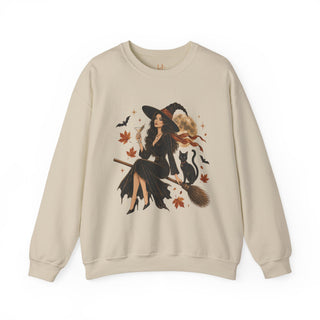 Witchy Moon Crewneck Sweatshirt – Autumn Witch, Black Cat & Broom Fall Graphic