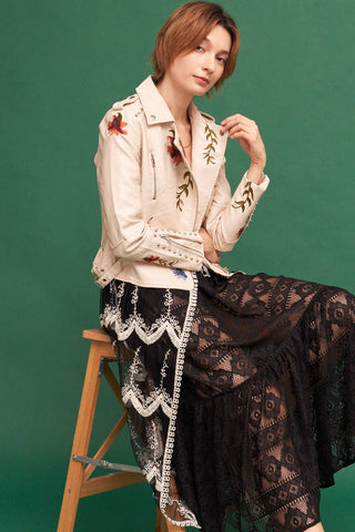 Floral Embroidered Studded Faux Leather Moto Jacket, view 10 | Fitkitty Culture®