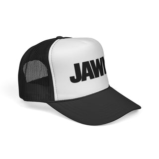 Black-and-white JAWN. trucker hat shown from an angled side view