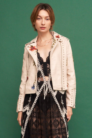 Floral Embroidered Studded Faux Leather Moto Jacket, view 3 | Fitkitty Culture®