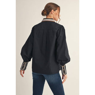 Embroidered Accent Puff Sleeve Button-Down Shirt
