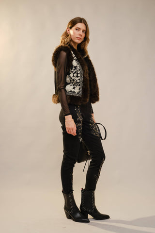 Embroidered Faux Suede Vest with Fur Trim