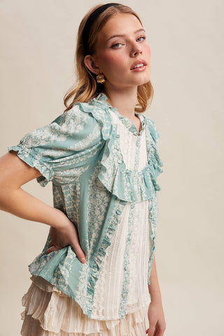 Mixed-Print Ruffle Yoke Blouse, view 18 | Fitkitty Culture®