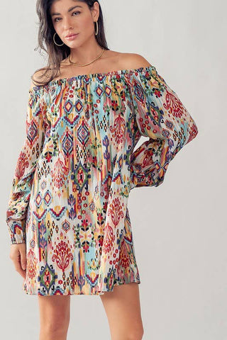 Boho Ikat Print Off Shoulder Balloon Sleeve Mini Dress - Fitkitty Culture Athleisure Wear, Yoga Wear &  Women's Clothing