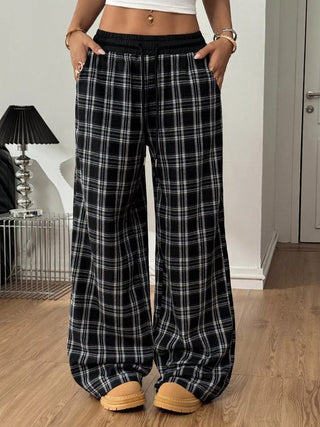 Plaid wide-leg pants with elastic drawstring waist