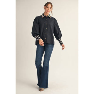 Embroidered Accent Puff Sleeve Button-Down Shirt