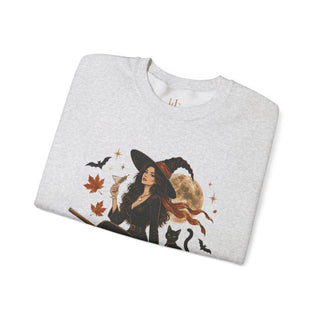 Witchy Moon Crewneck Sweatshirt – Autumn Witch, Black Cat & Broom Fall Graphic
