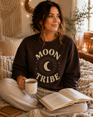 Moon Tribe Crewneck Sweatshirt — Celestial Moon Graphic Pullover - Jewel Tones