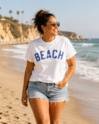 Beach Graphic T-Shirt – Vintage Blue "BEACH" Print