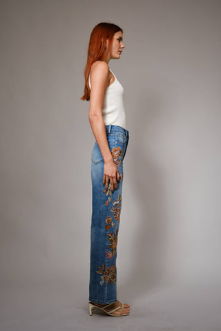 Flower Embroidery High Waist Flare Jeans, view 7 | Fitkitty Culture®