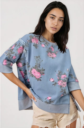 Flower Printed Denim Openseam Detail Short Sleeves - Fitkitty Culture Athleisure Wear, Yoga Wear &  Women's Clothing